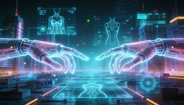 Neon cybernetic hands interacting with holographic torso hud over urban night skyline