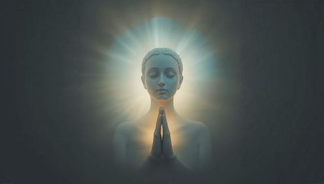 Praying sculpted female figure radiating halo light, meditative serenity and aura glow