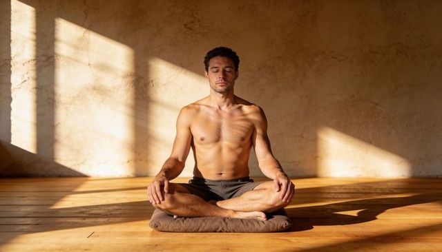 Shirtless man meditating cross-legged on cushion in sunlit minimalist studio with window rays
