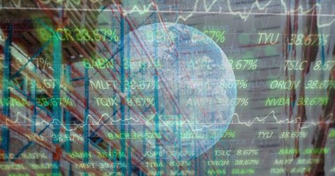 Global stock market data overlay on warehouse interior
