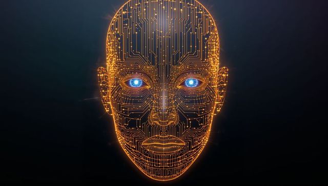 Glowing Cybernetic Face with Orange Circuit Traces and Blue Eyes for AI Tech