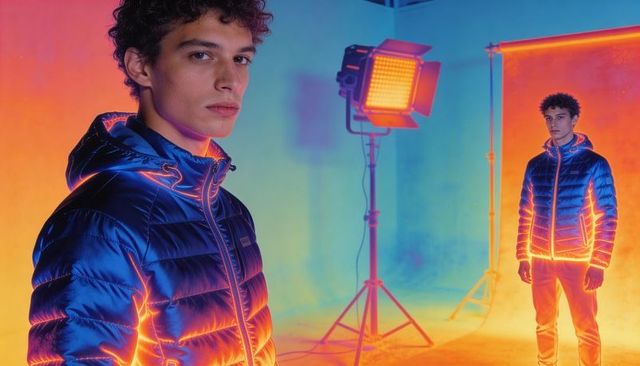 Model wearing metallic blue puffer jacket posing in neon orange gel studio lighting
