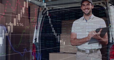 Courier working in warehouse with financial graphs overlay