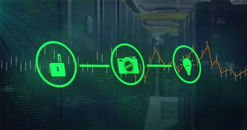 Neon dataflow visualization connecting padlock camera lightbulb in datacenter network