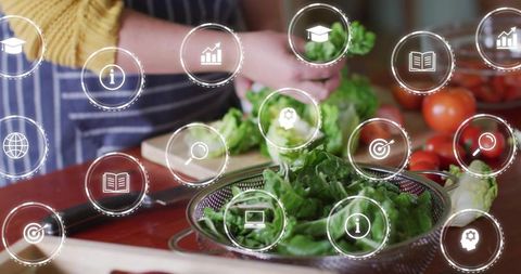 Chopping lettuce with smart kitchen interface and ar food app for home meal prep