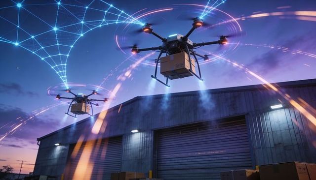 Autonomous delivery drones hovering over warehouse at dusk with smart digital mesh network