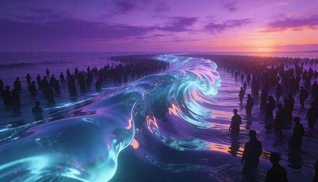 Iridescent glass-like wave splitting silhouetted crowd at neon sunset surreal bioluminescent seascap