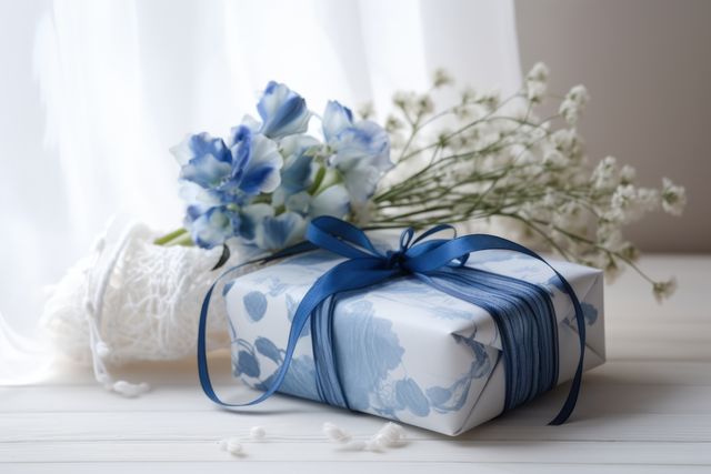 Gift box wrapped with a blue ribbon next to a bouquet of blue and white flowers. Suitable for use in celebration-related content, such as weddings, anniversaries, birthdays, or special occasions. Ideal for blogs, articles, and advertising materials focused on gifting and romantic events.