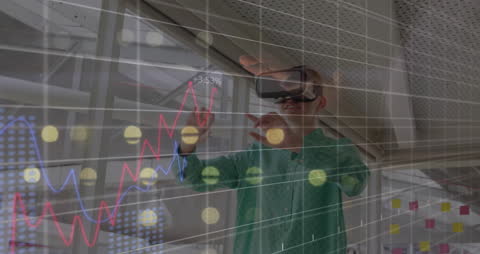 Woman Using VR Headset in Futuristic Office Environment