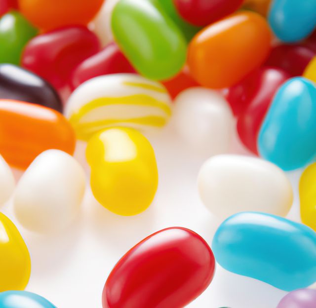 Close-up of assorted colorful jelly beans on a white background. The image can be used for marketing materials related to candy, sweets, and confectionery products. It is also suitable for blogs and articles about candy, party themes, festive decorations, and various confections.