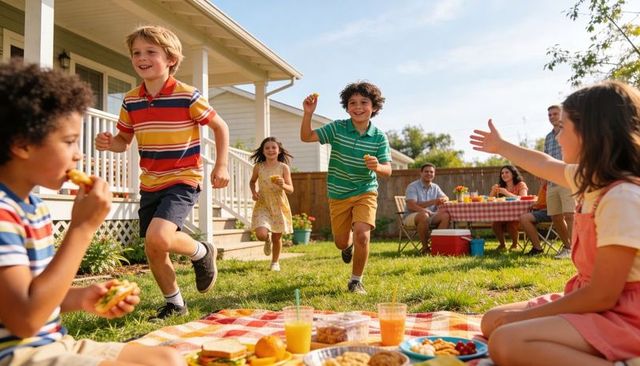 Children running and playing on sunny backyard lawn during family picnic with snacks