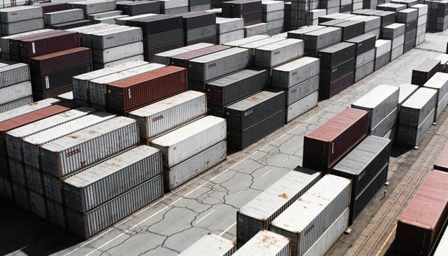 Overhead view of stacked shipping containers in industrial port yard with cracked pavement