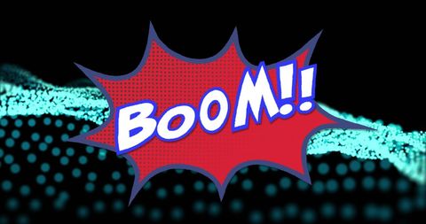 Comic style boom text over digitized blue dots background