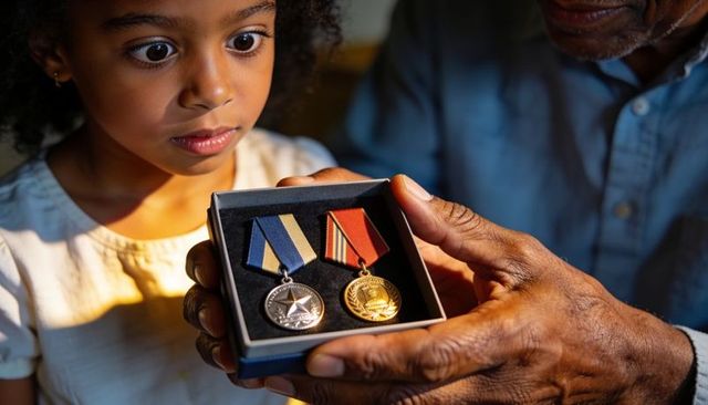 Grandparent presenting medals to wide-eyed grandchild, honoring legacy and family bond