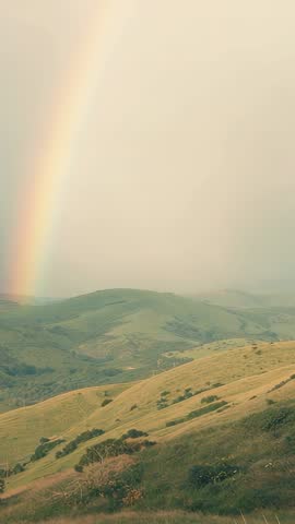 Emerging Vivid Rainbow Arching Over Rolling Green Hills in Vertical Landscape Video