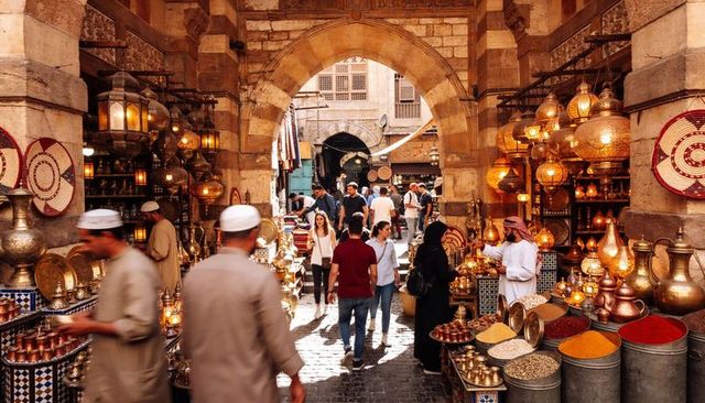 Browsing bustling historic bazaar under stone archway with glowing lanterns and spices