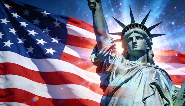 Statue of liberty standing with american flag and sun flare for patriotic campaigns
