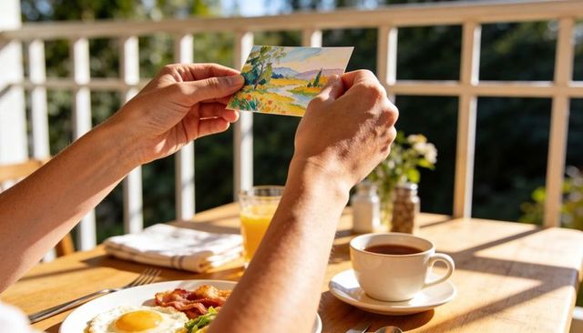 Holding watercolor postcard during sunlit balcony breakfast with coffee and bacon