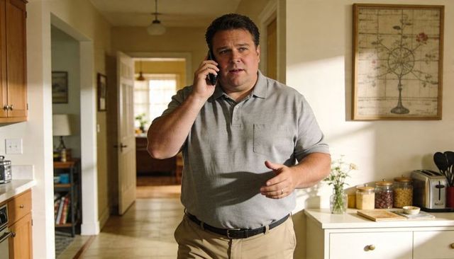Middle-aged man talking on smartphone in sunlit kitchen gesturing during home phone call