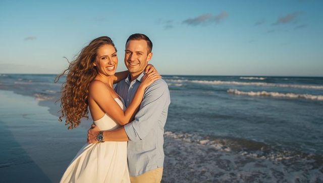 Romantic Couple Embracing on Sandy Beach at Golden Hour