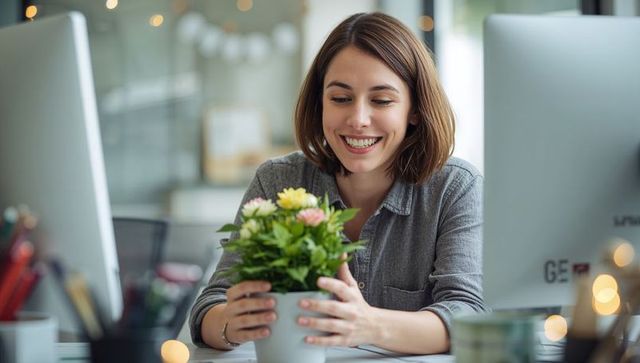Smiling woman tending potted flowers at bright office desk with dual monitors