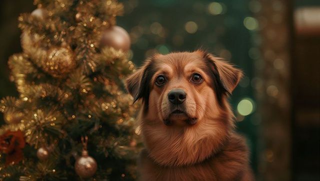 Festive brown dog at christmas tree with warm lights