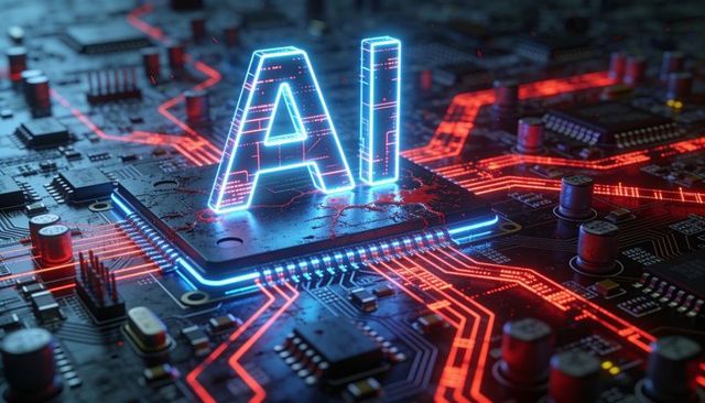 Glowing neon-blue ai letters hovering above central microprocessor with red circuit traces