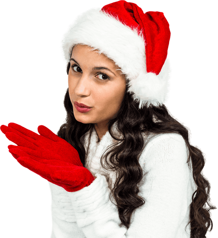 Woman in Santa Hat Blowing Kiss Transparent Background