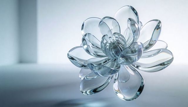 Crystal glass lotus sculpture refracting cool light, transparent flower casting soft reflection