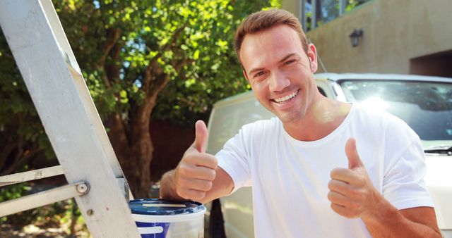 Handyman Giving Thumbs Up Smiling in Front of Van - Download Free Stock Images Pikwizard.com