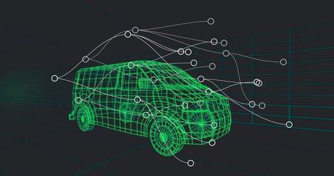 3d wireframe van model with data nodes in virtual environment