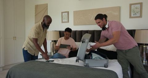 Friends gathering for exciting travel adventure preparation