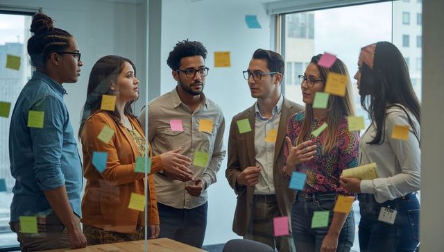 Creative Team Collaborating in Office with Sticky Notes on Glass Wall