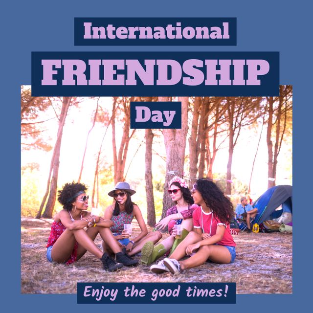 International friendship day text with happy diverse female friends talking at festival campsite. Celebration of friendship, enjoy the good times campaign digitally generated image.