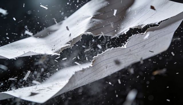 Torn ruled notebook pages flying with shredded fibers and dust in dramatic macro