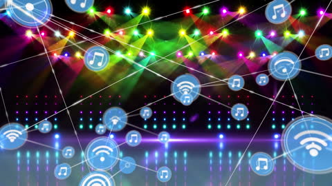 Visual representation of a digital network using neon lights and interconnected music icons against a dark backdrop. Neon colors and dynamic layout create futuristic vibe, perfect for illustrating concepts of digital communication, online collaboration, or virtual events. Suitable for creative presentations, tech-related posters, or media involving music and digital innovation.