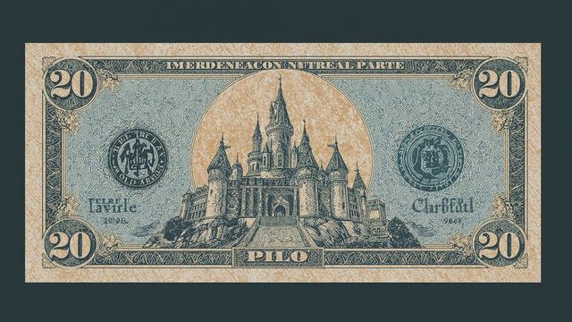 Antique-style banknote featuring castle engraving and ornate detail