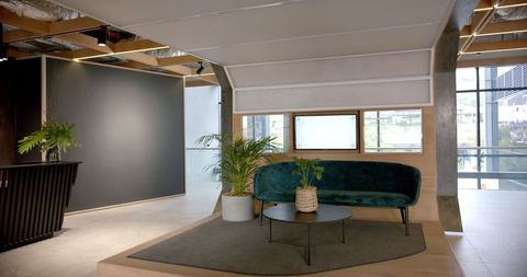 Contemporary Office Lounge with Green Sofa and Indoor Plants - Download Free Stock Images Pikwizard.com