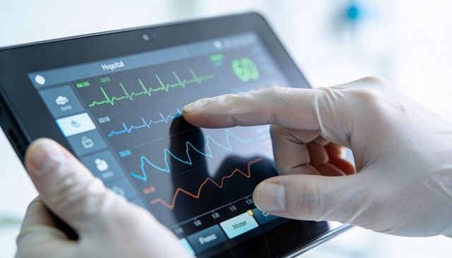 Clinician touching tablet monitor displaying ecg waveforms and heart rate