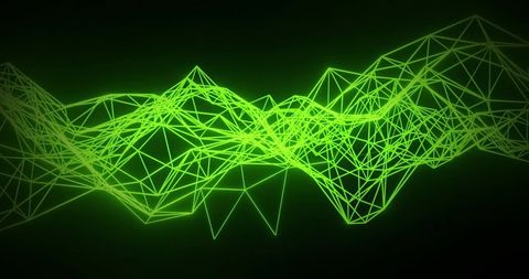 Glowing neon green low-poly wireframe network flowing polygon mesh futuristic design