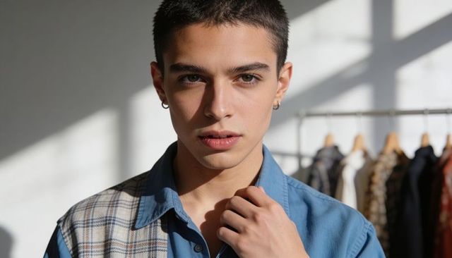 Young model wearing blue shirt with plaid panel touching collar in sunlit showroom