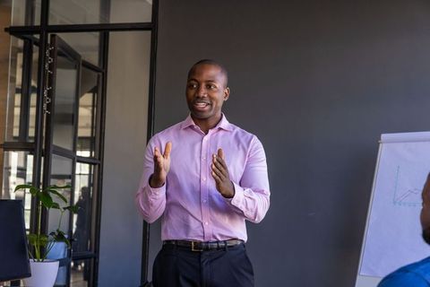 Confident business presenter at office meeting