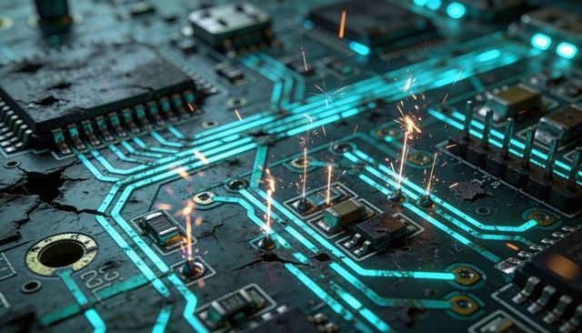 Damaged Printed Circuit Board with Glowing Cyan Traces and Sparking Solder Joints Macro