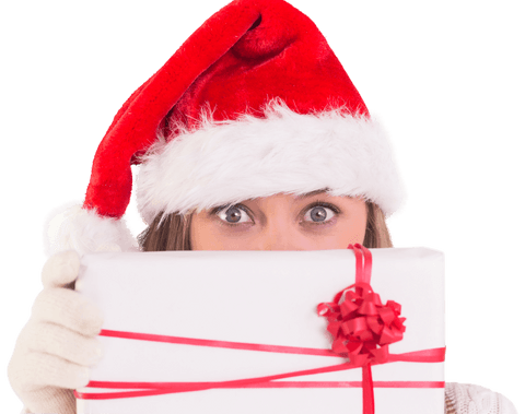 Woman in Santa Hat Holding Gift on Transparent Background