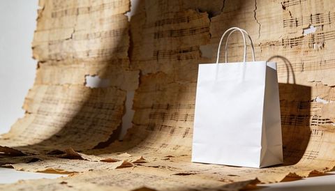 White paper bag mockup on vintage sheet music backdrop with dramatic studio shadow