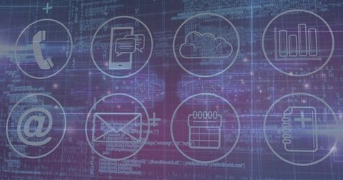 Neon App Icons Grid Hovering Over Code Matrix for Cloud Analytics Communication Mobile