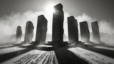 mysterious monoliths in misty dawn with runic inscriptions, ten commandments concept - Download Free Stock Images Pikwizard.com