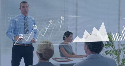 Business Team Presenting Data Visualization with Rising Line Graph in Modern Office