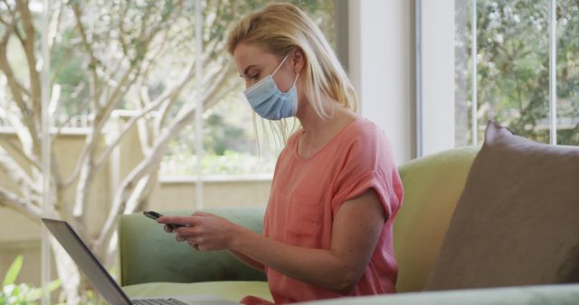 Woman Working at Home with Mask During Pandemic - Download Free Stock Images Pikwizard.com