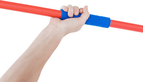 Hand Firmly Gripping Red and Blue Javelin on Transparent Background